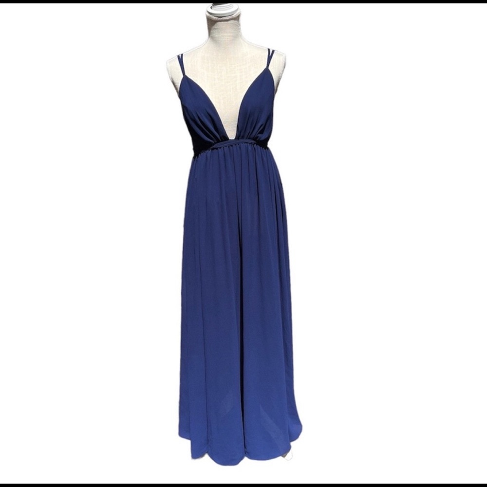 🌻Lulu's Blue Open-Back Long V-Neck Strappy Formal Dress Size Small